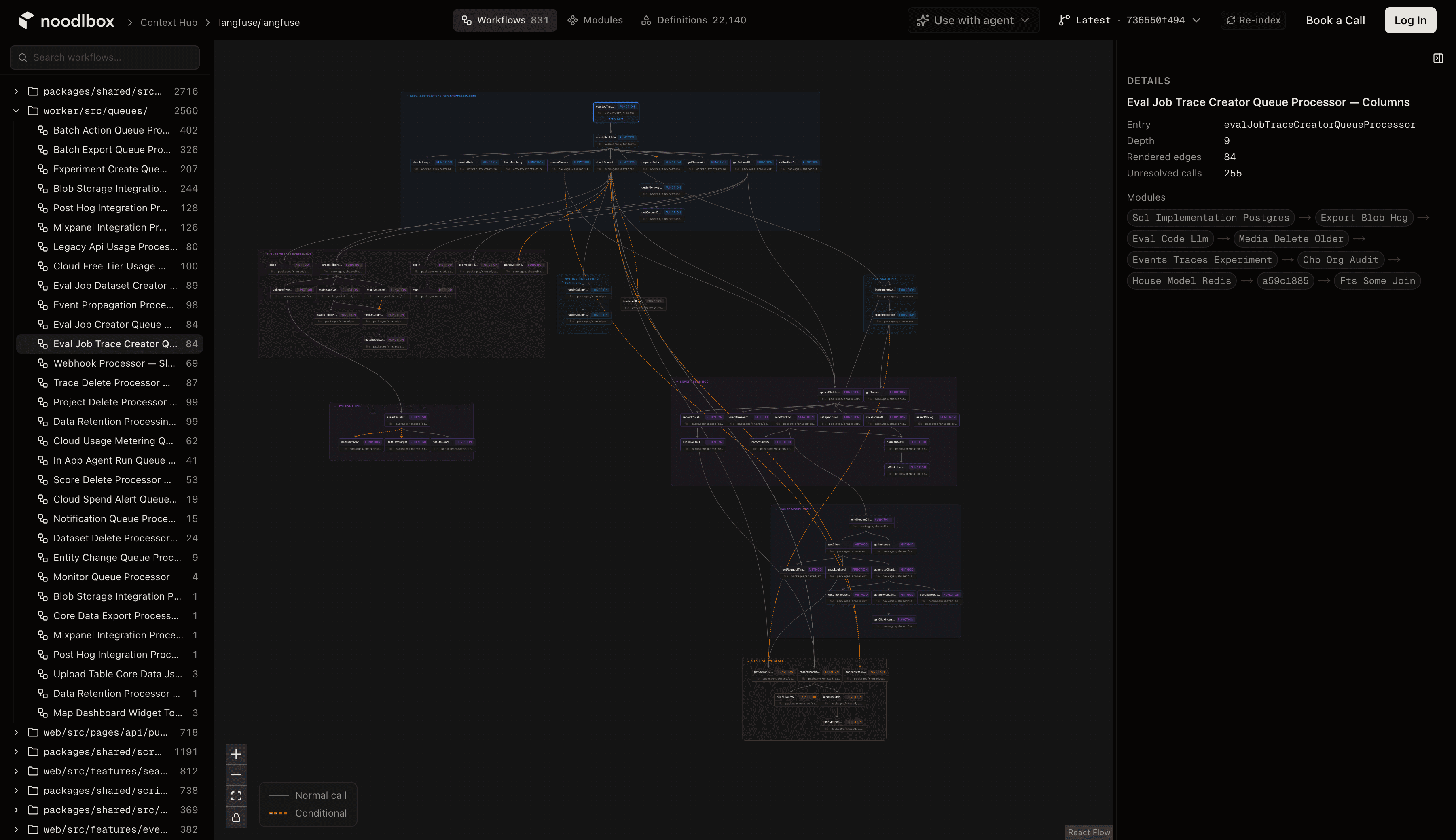 Noodlbox graph of Langfuse's evaluation-job workflow and its connected code definitions